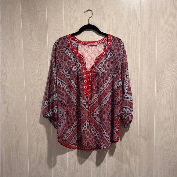 Olive Hill Sheer Patterned Blouse with Vneck & Lace Design - Picture 1 of 7